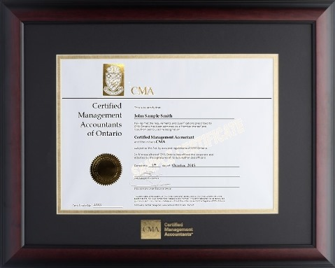 Satin mahogany wood frame with double mat board (BLK/GLD) for HORIZONTAL CMA Ontario designation